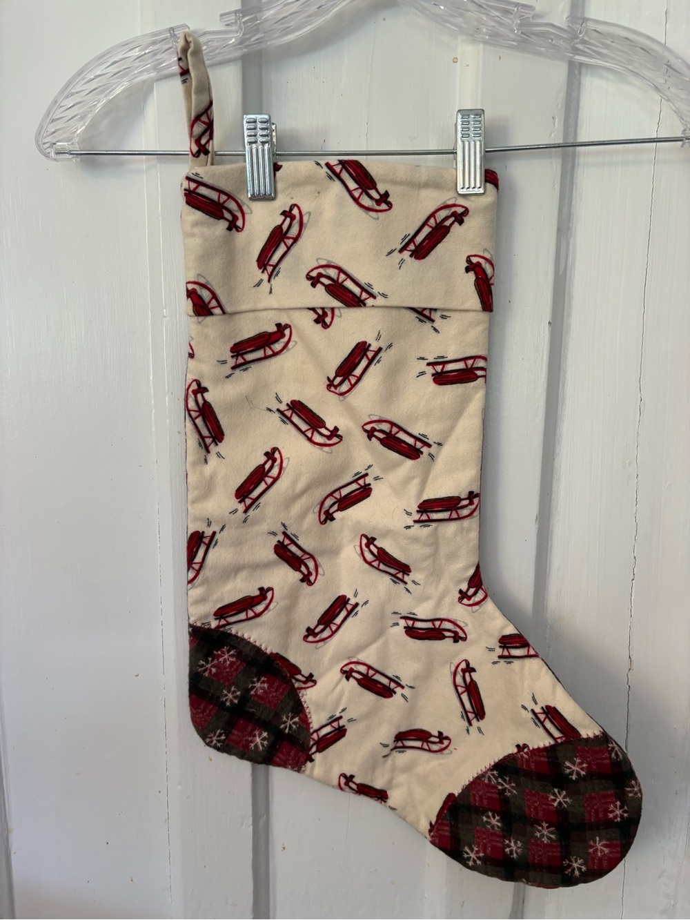Holiday Vintage Handmade Sled Pattern Stocking Christmas Winter Snowflakes